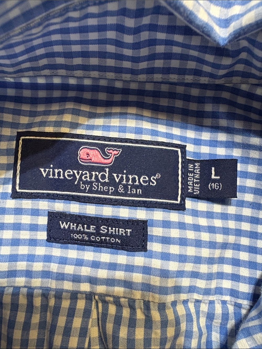 Vineyard Vines Blue and White Gingham Whale Button-Down Shirt sz L - Picture 7 of 8
